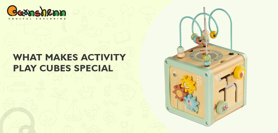 Barnshenn activity play cube, featuring wooden interactive designs that enhance fine motor skills, problem-solving, and creative play.
