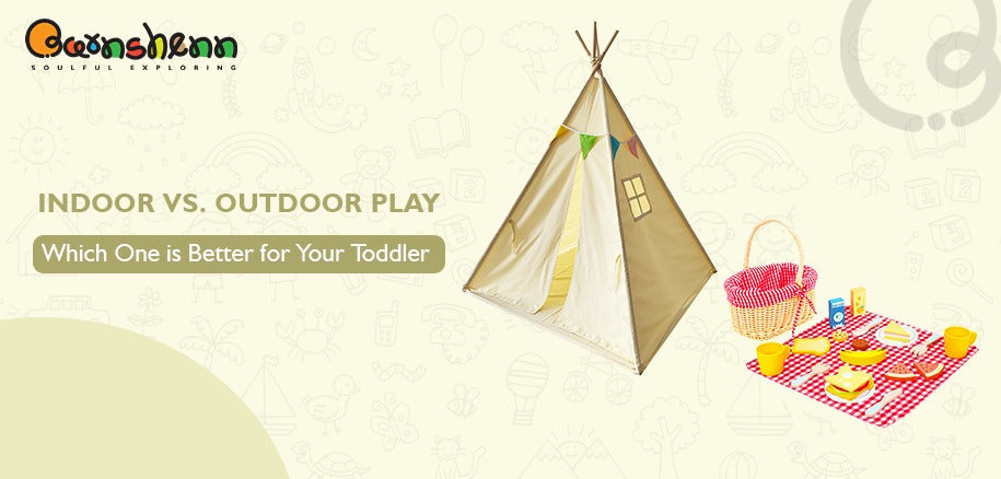 Barnshenn indoor vs outdoor play setup featuring a kids' teepee tent and picnic set - ideal for toddler play and imaginative fun