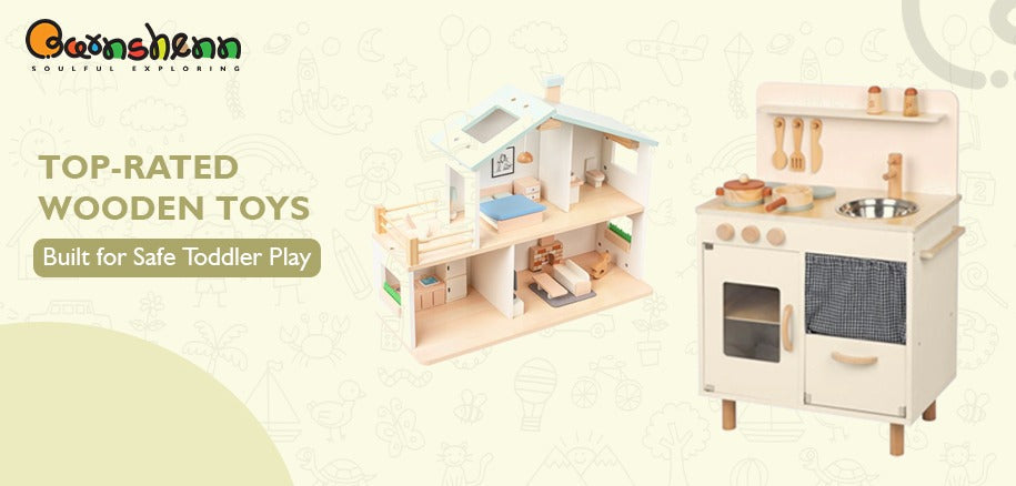 Barnshenn top-rated wooden toys for toddlers, including a play kitchen and dollhouse, designed for safe and imaginative play.