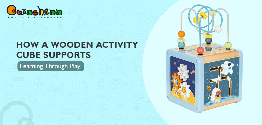 Barnshenn wooden activity cube promoting learning through play with interactive features for kids' development