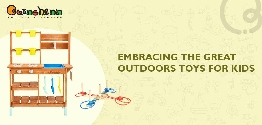 Outdoor toys for kids, featuring a wooden mud kitchen and ring toss game, inspiring creativity and active play in the great outdoors