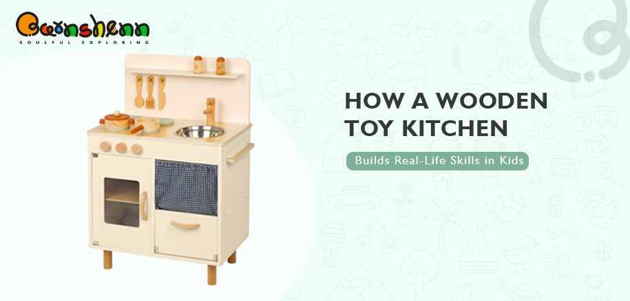 Wooden Toy Kitchen: Encourages learning through imaginative play while building essential real-life skills. This beautifully toy fosters creativity, role-playing, and motor skills development, offering endless fun for toddlers.
