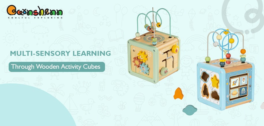 Wooden activity cubes for multi-sensory learning - Barnshenn's educational toys for toddlers.