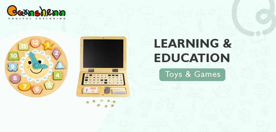  Wooden educational toys and games designed to promote interactive learning, including colorful clocks and alphabet learning sets for kids.