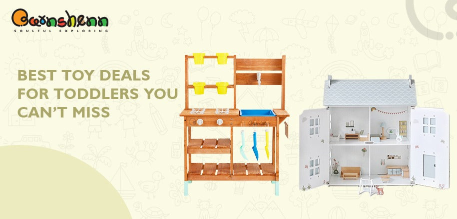 best toy deals for toddlers featuring Wooden Mud Kitchen and Dollhouse - ideal for imaginative play and toddler development.