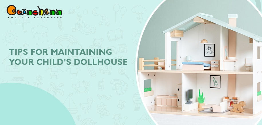 Tips for maintaining your child’s dollhouse, this visual emphasizes durable, eco-friendly materials, easy cleaning, and organized playtime, promoting creativity and imaginative role-play for kids.