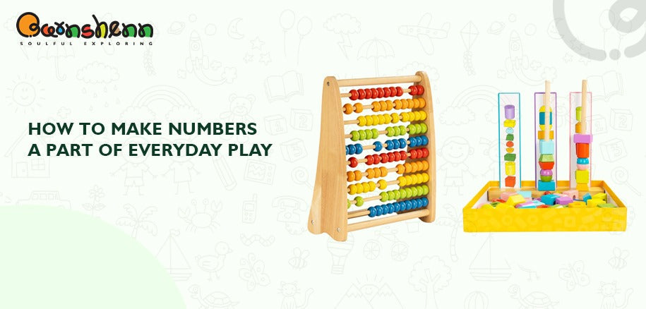 Wooden learning toys featuring an abacus and a stacking number set. Designed to make numbers a fun and integral part of everyday play, encouraging early math skills, counting, and problem-solving for young children.
