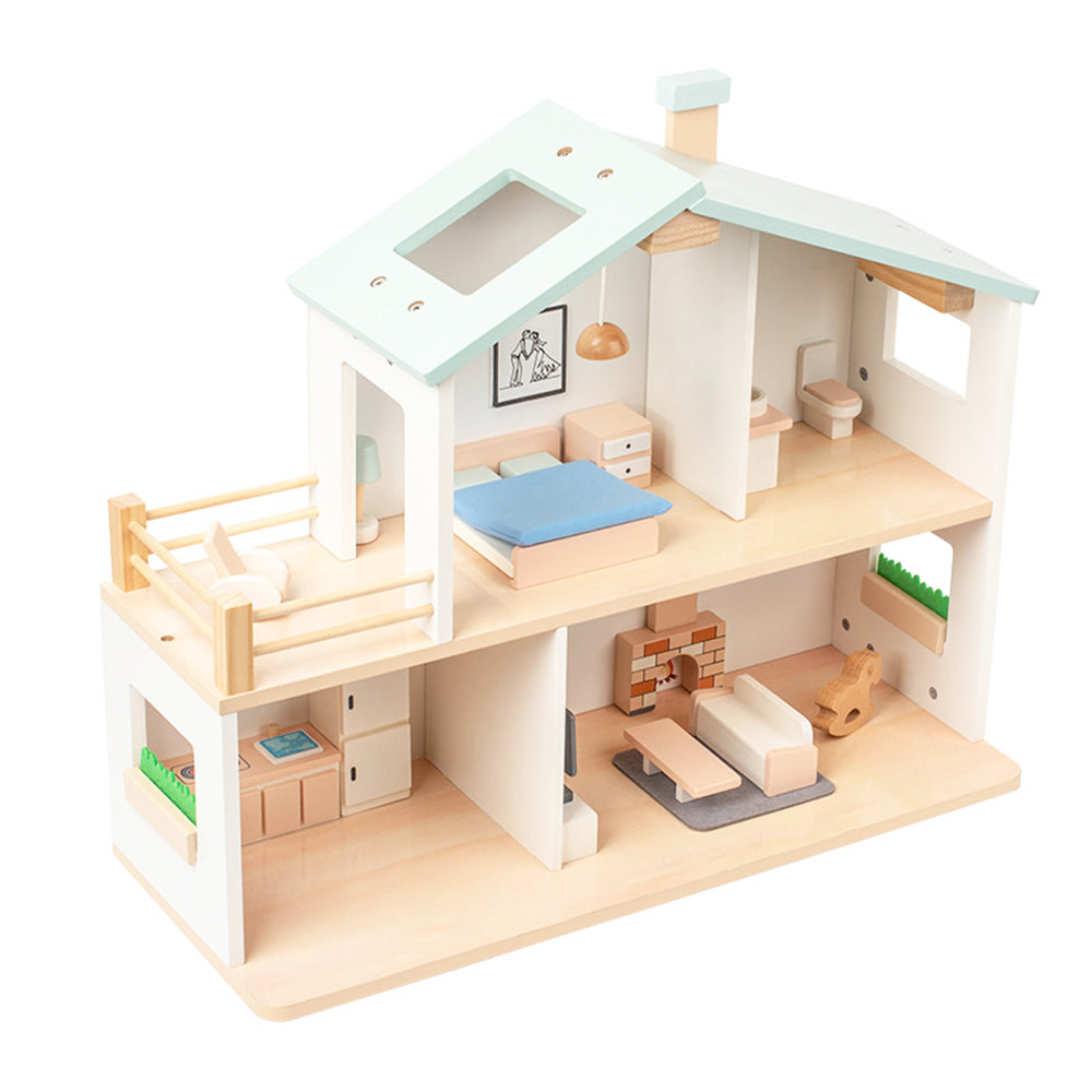 Side view of the wooden dollhouse, suitable for children aged three and above. The wooden dollhouse nurtures emotional expression and reaction in kids.