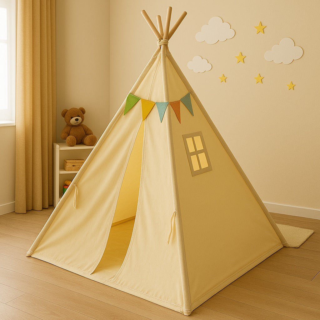 Children's yellow play tent in a cosy room with colourful flag bunting, a teddy bear on a shelf, and wall decorations featuring stars and clouds, illuminated by natural sunlight.