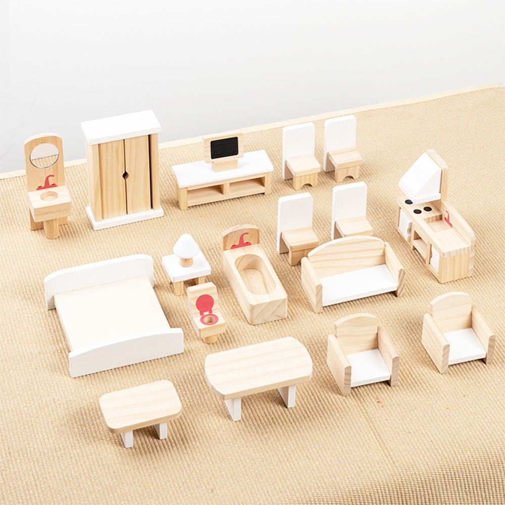 Complete view of all the furniture pieces of the dollhouse furniture. The wooden set is suitable for three year olds and promotes sensory play in children.