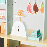 Front view of the Children's Supermarket with elements made with wood and suitable for children aged three and above. The shop toy promotes motor skills in children.