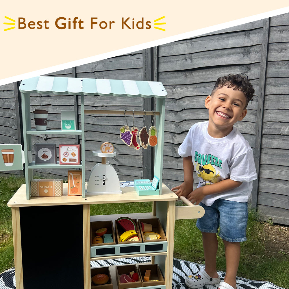 Front view of the grocery store with children's play shop, made with wood and suitable for children aged three and above.