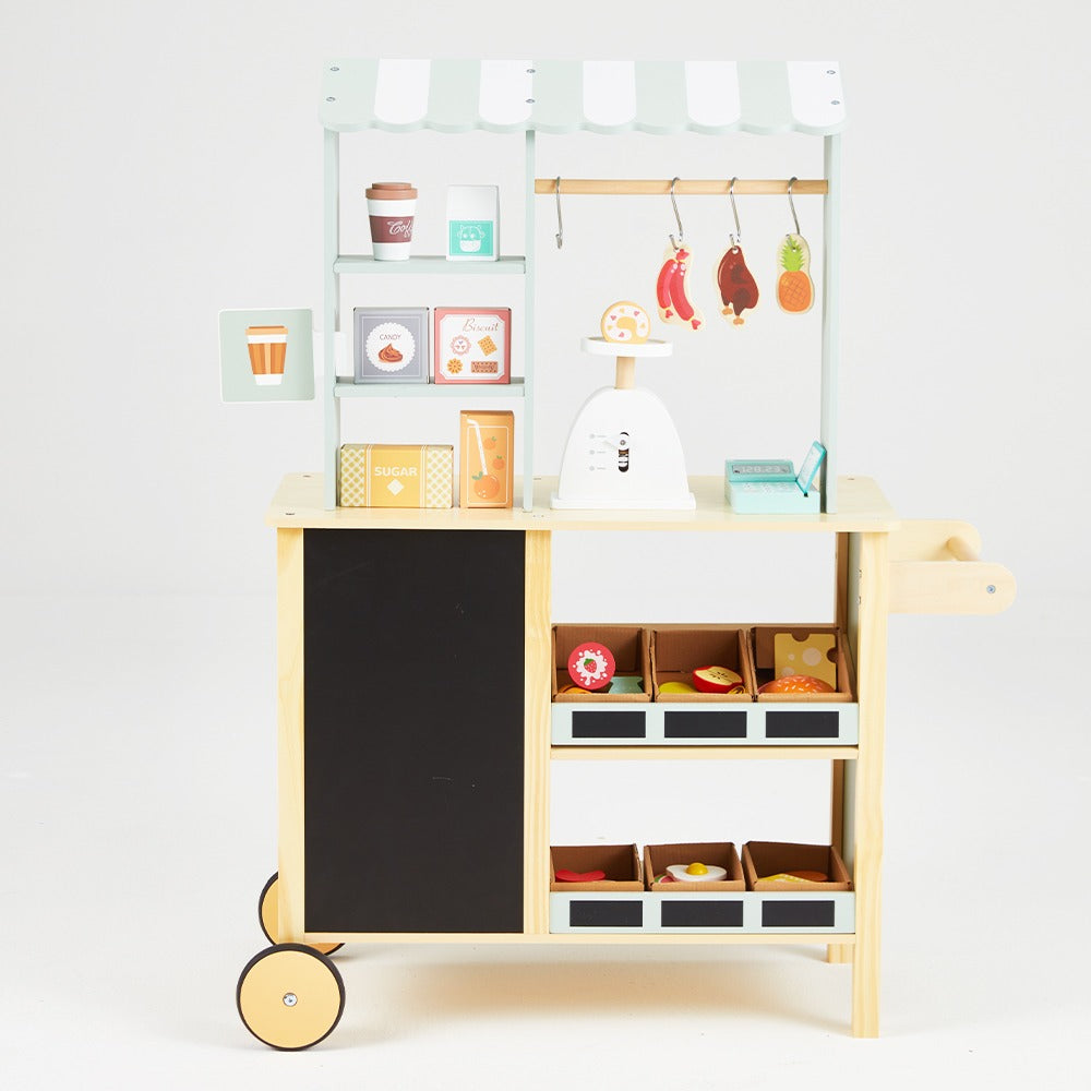 Front view of the grocery store with children's play shop, made with wood and suitable for children aged three and above.