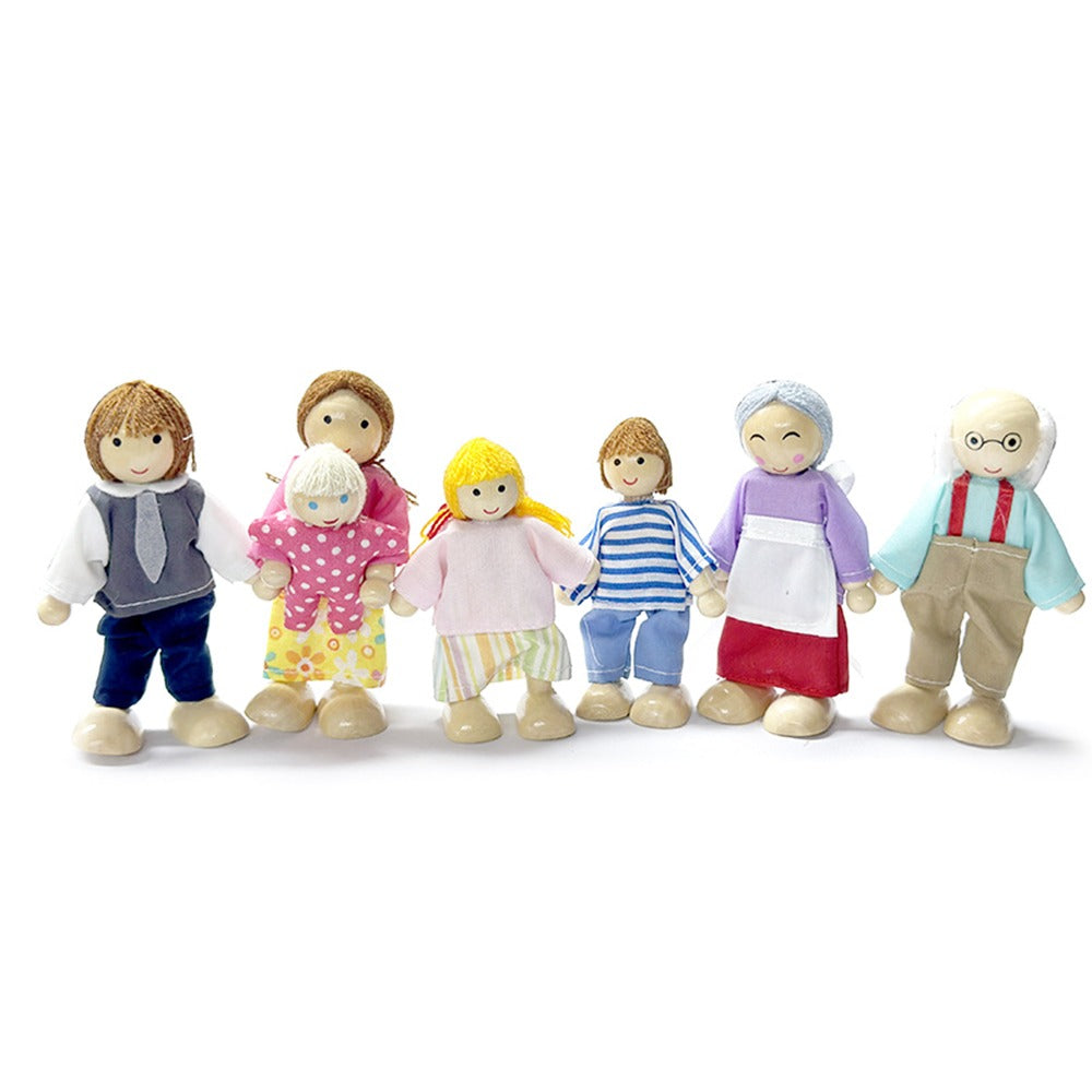 Front view of the full set of dollhouse dolls. Suitable for children aged three and above, the dollhouse dolls foster social skills in kids