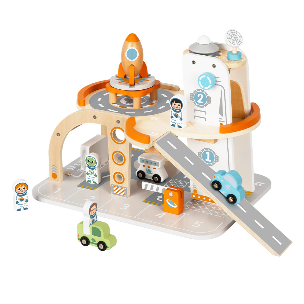 Front view of the space station toy for kids. Suitable for children aged three years old, the wooden toy promotes STEM learning in kids.