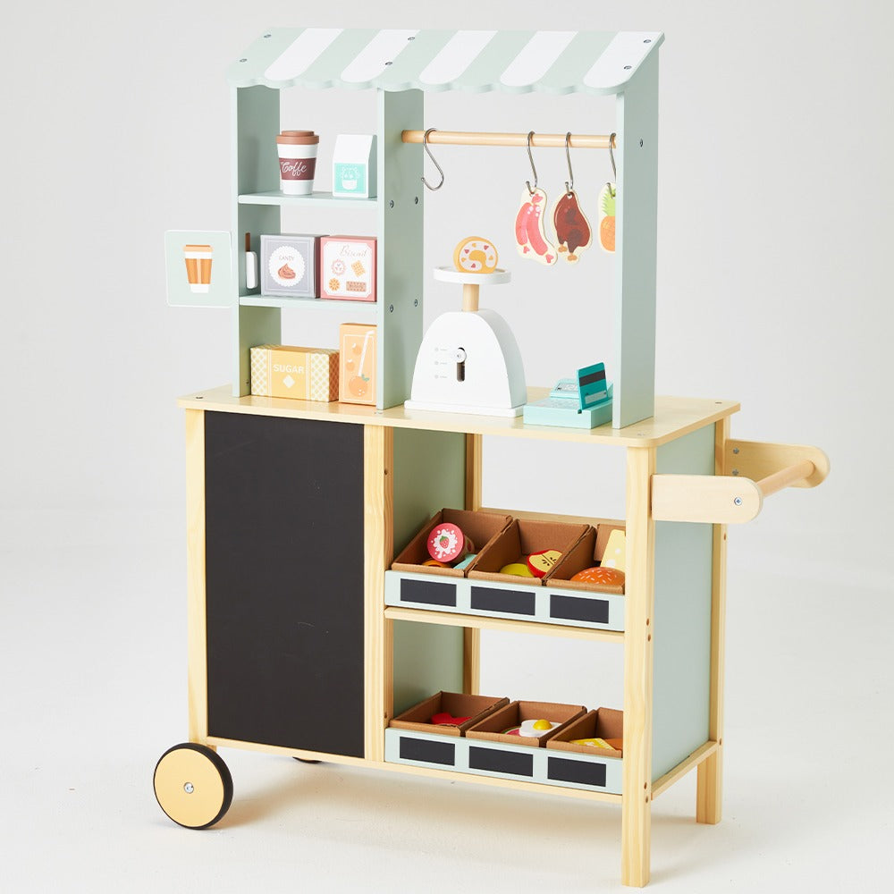 Side view of the toy supermarket, made with wood and suitable for children aged three and above.