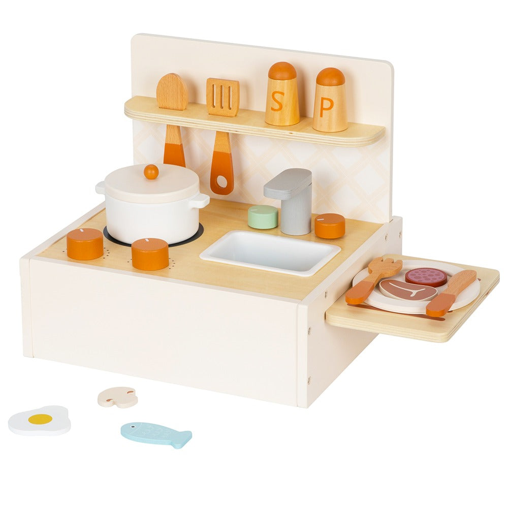 Side view of the small kitchen set for kids. Ideal for children aged three and above, the wooden toy promotes pretend play in children.