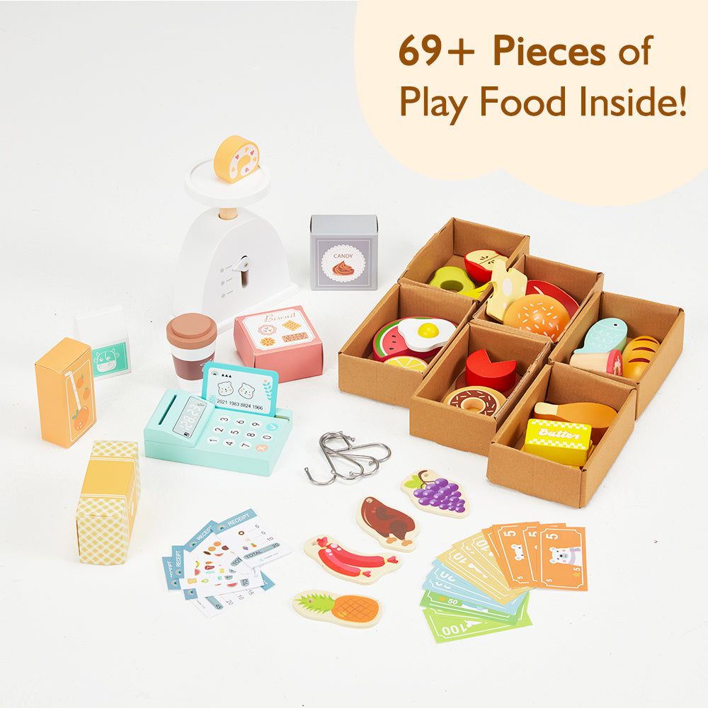 View of all elements of the wooden shop, made with wood and suitable for children aged three and above. The shop toy promotes role-play in kids.