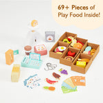 View of all elements of the wooden shop, made with wood and suitable for children aged three and above. The shop toy promotes role-play in kids.