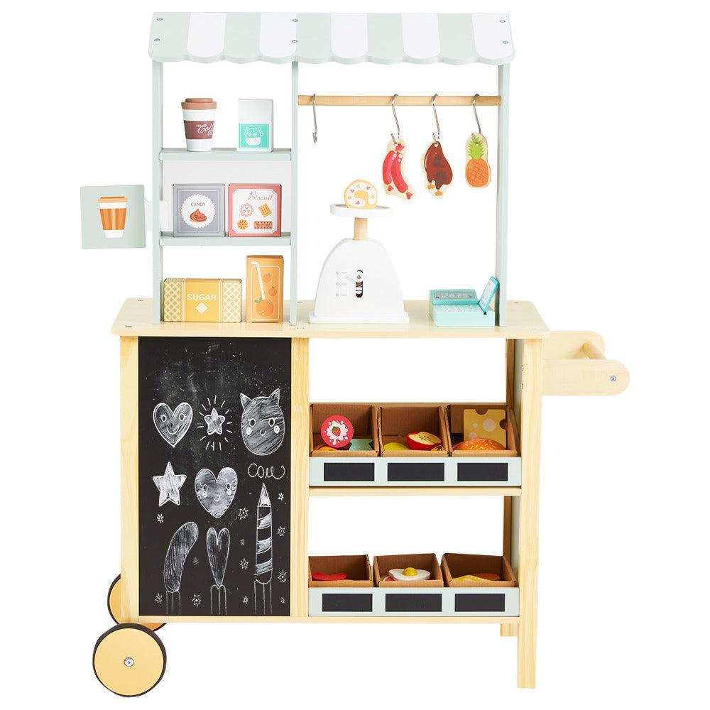 Front view of the grocery store, made with wood and suitable for children aged three and above. The shop toy promotes imaginative play in kids