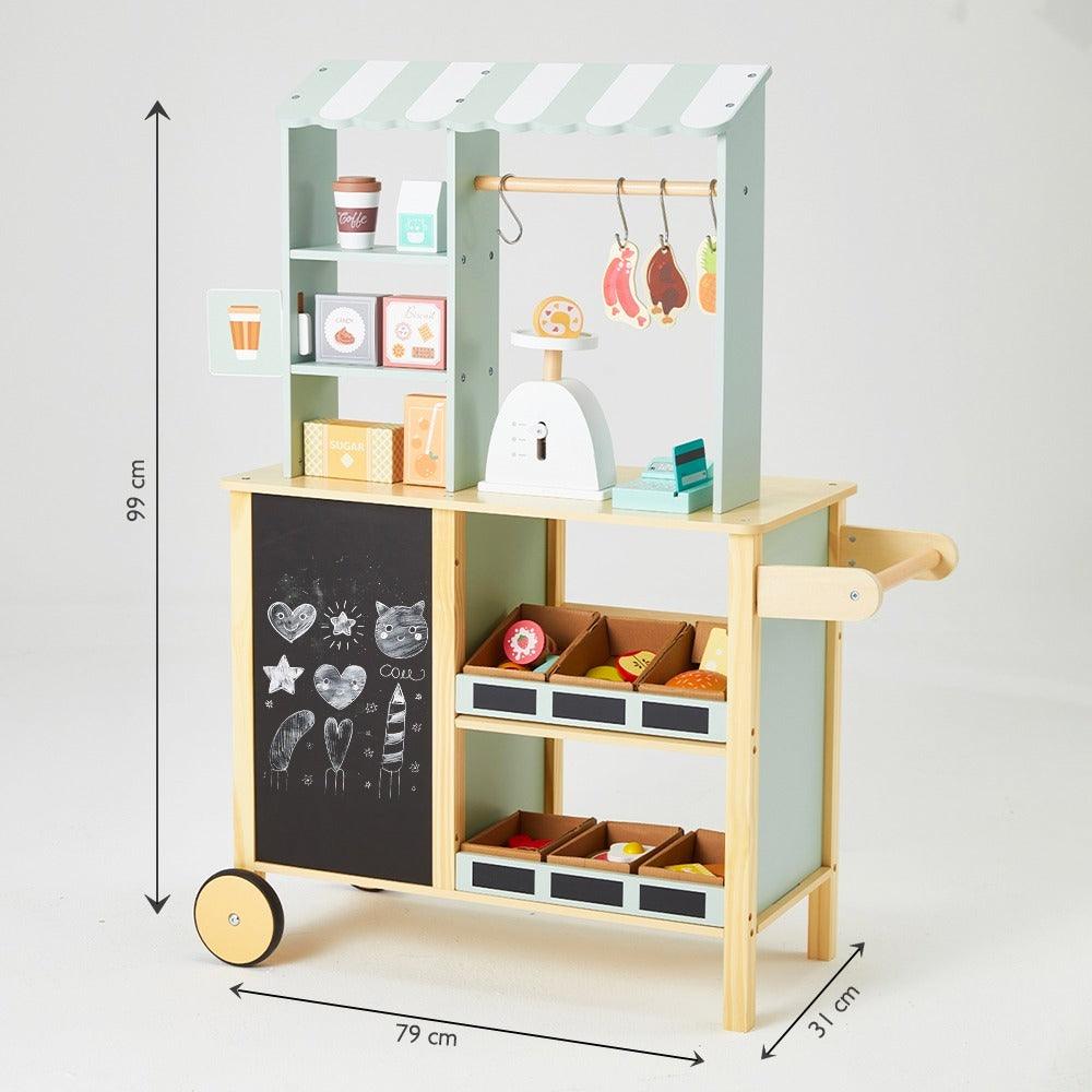 Side view with dimensions of the toy supermarket, made with wood and suitable for children aged three and above. The shop toy nurtures social skills in kids.