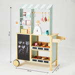 Side view with dimensions of the toy supermarket, made with wood and suitable for children aged three and above. The shop toy nurtures social skills in kids.
