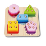 Top view of the geometric shape sorter toy for kids. Suitable for children aged two years old, the wooden sorting toy promotes number skills in children.